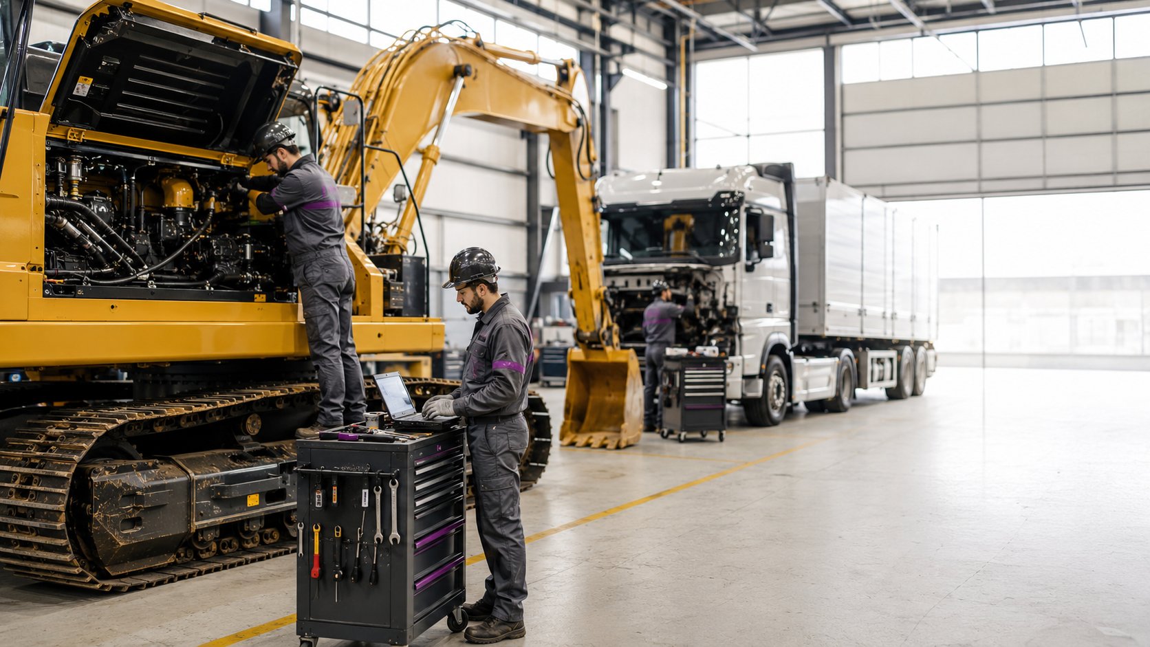 Técnicos especializados reparando maquinaria pesada y un camión