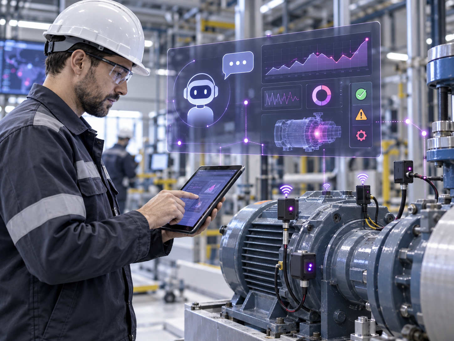 Técnico utilizando inteligencia artificial, sensores IoT y un bot industrial