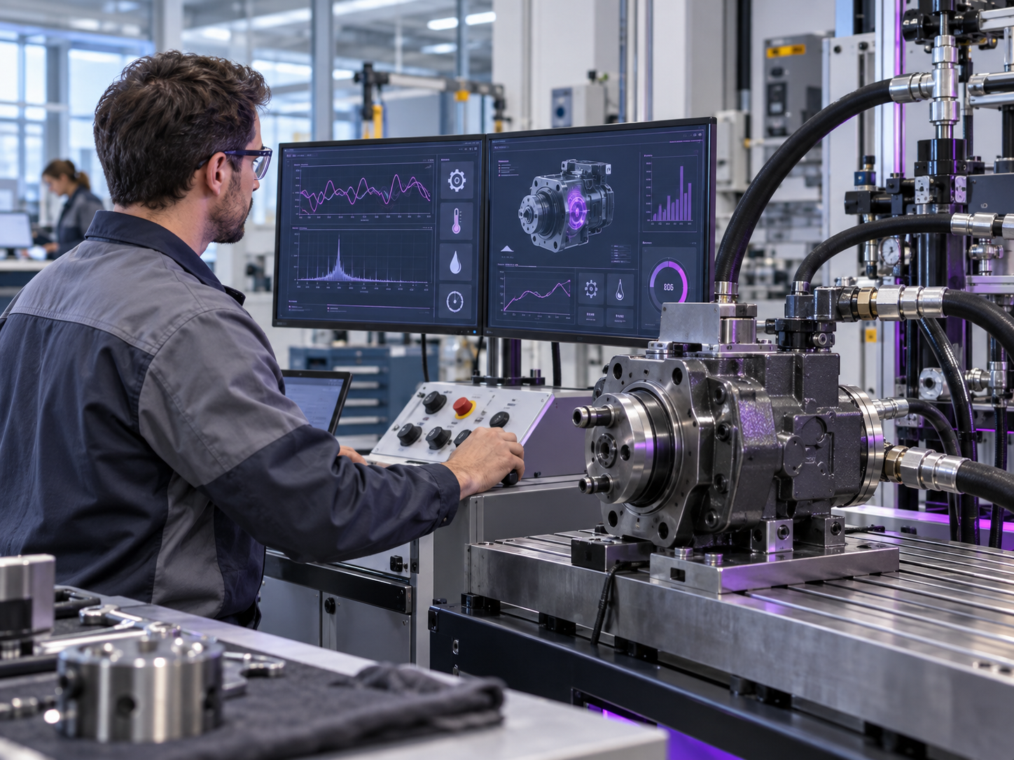 Técnico operando un simulador de mantenimiento industrial