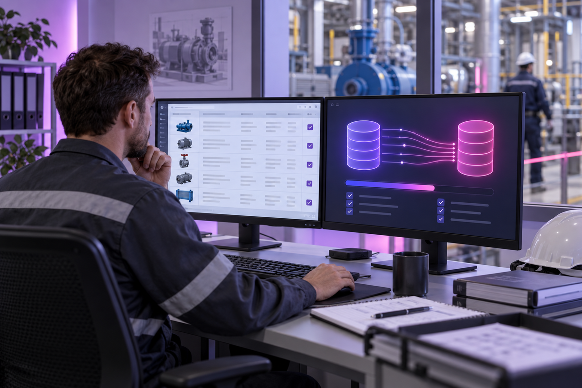 Especialista realizando la migración de datos de equipos industriales